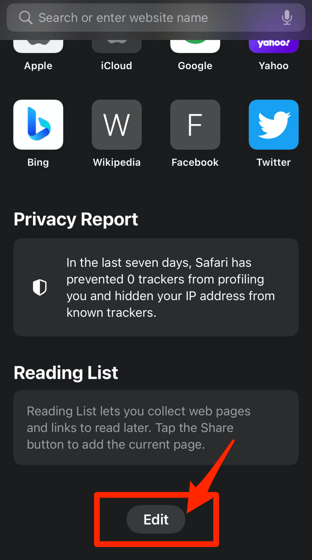 Edit Command button on Safari iPhone Start Page