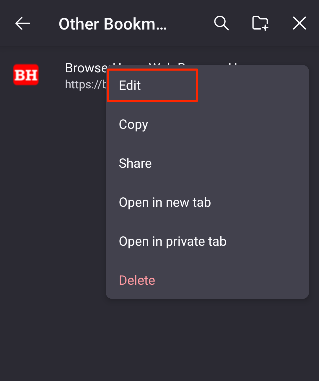 Edit command for Saved Bookmarks on Firefox Android app