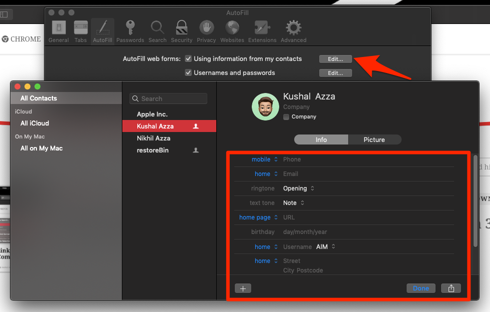 Edit Contact and Address details in Safari browser for autofill