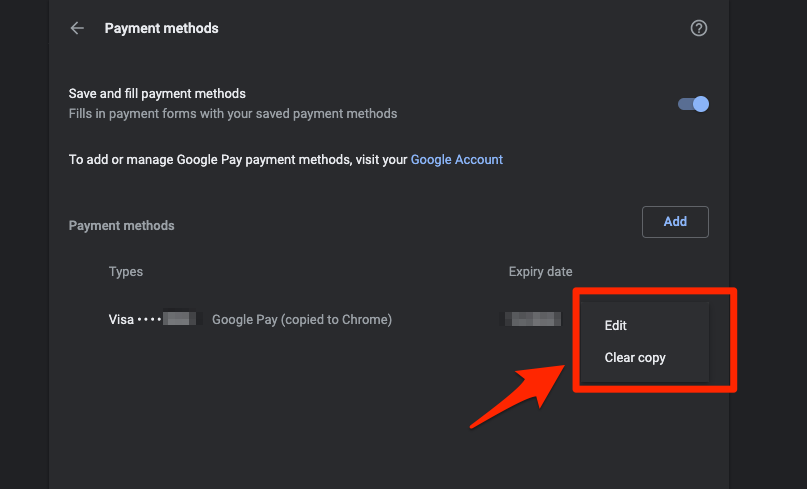 Edit or clear copy of saved card in Chrome computer
