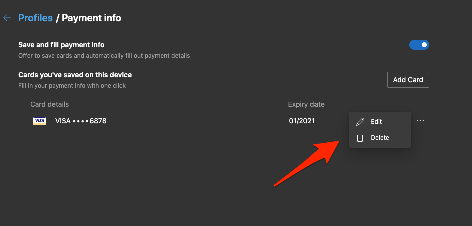 Edit or Delete the Saved Card Payment info in Edge Computer