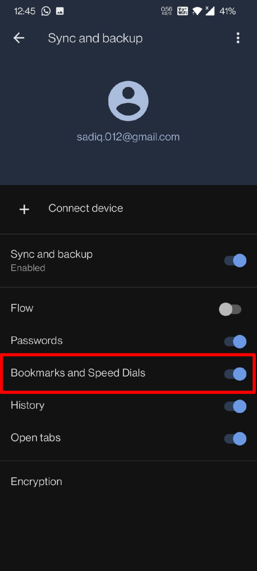 Enable Backup and Sync for Bookmarks and Speed Dials