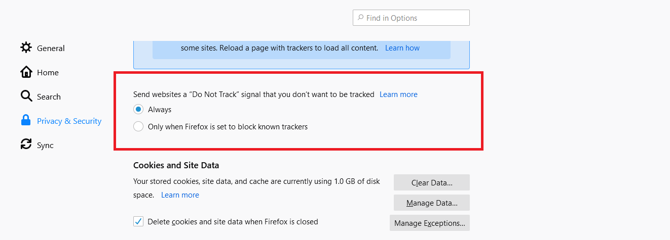 Enable Do Not Track Mode