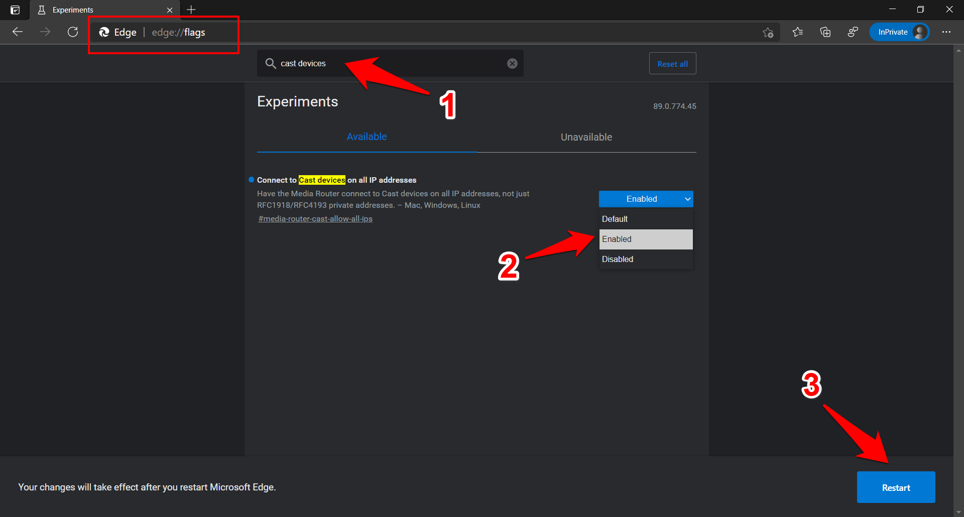 Enable Microsoft Edge Flags Connect to Cast devices on all IP addresses