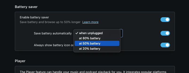 Enable battery saver automatically in Opera browser