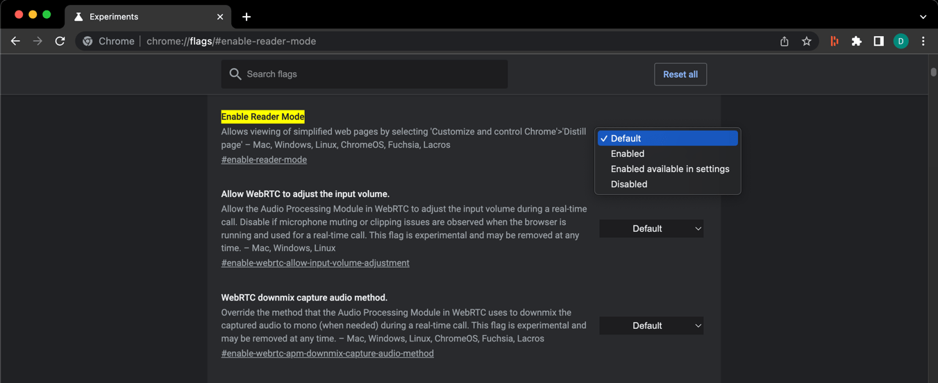 Enable Reader Mode Chrome Experimental Flag