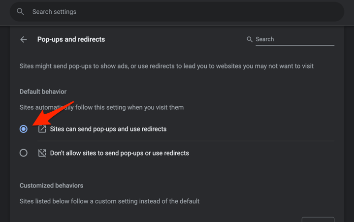 Enable sites to send pop-ups and use redirects on Chrome browser