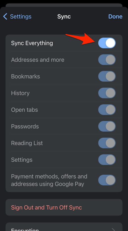 Enable Sync Everything for Chrome on iPhone