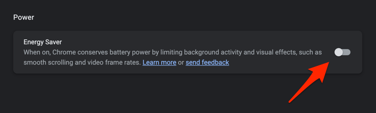 Energy Saver in Chrome browser is turned off