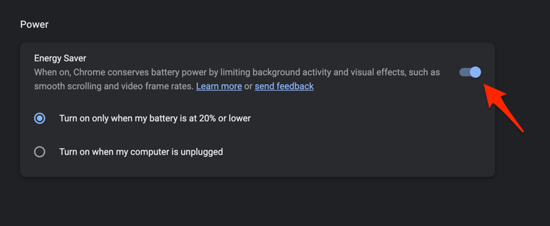 Energy Saver toggle is Turned On in Chrome browser