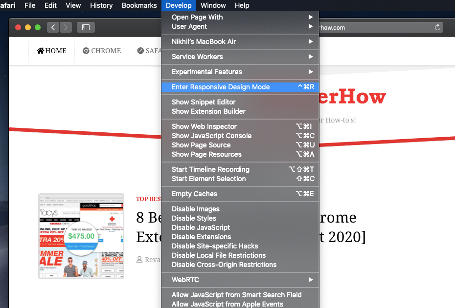 Enter Responsive Design Mode in Safari Mac Computer