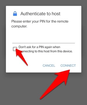 Enter PIN to connect the Chrome Remote Desktop