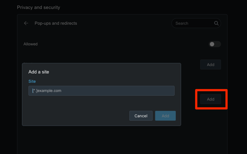 Enter the Site address to allow pop-ups in Opera