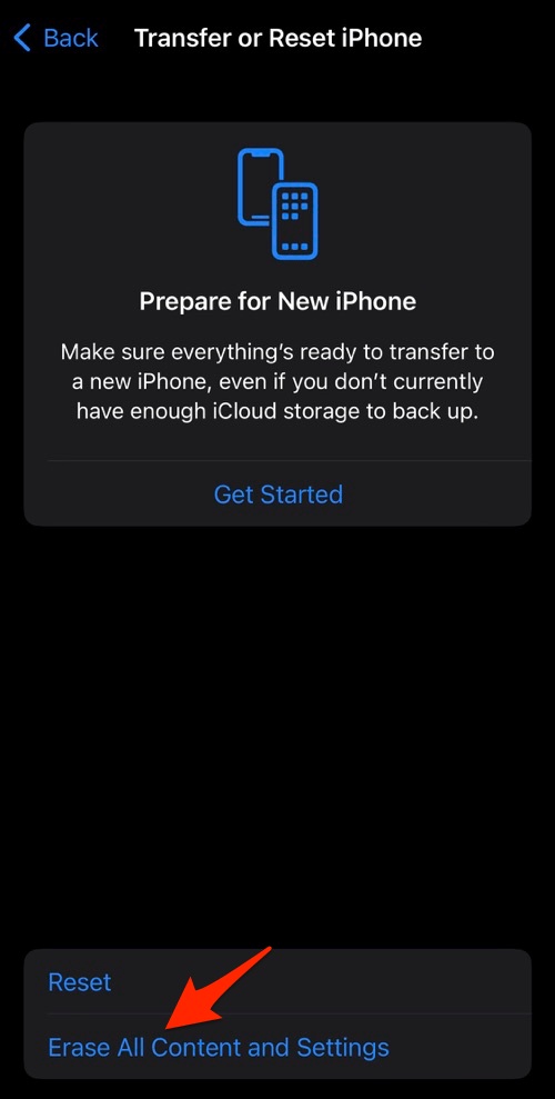 Erase All Content and Settings menu in iPhone Settings
