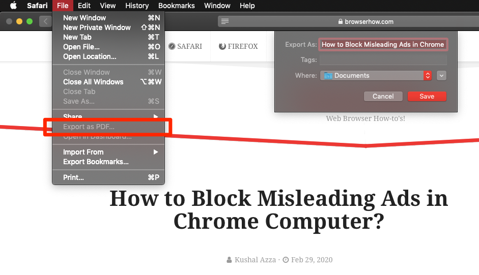 Export as PDF from File menu on Safari Mac