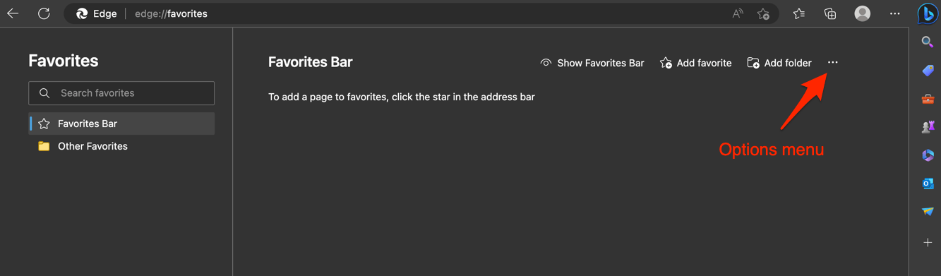 Favorites Manager page in Edge PC with options menu