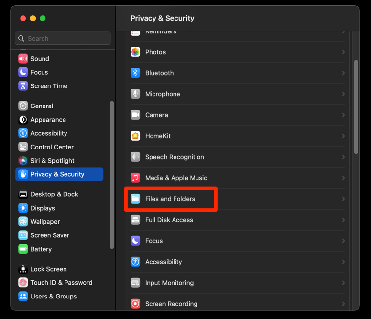 Files and Folders menu under Privacy & Security settings of macOS