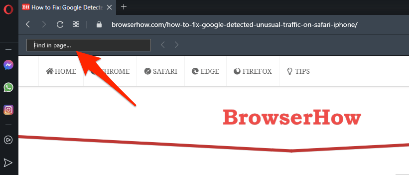 Find in Page bar on Opera computer browser