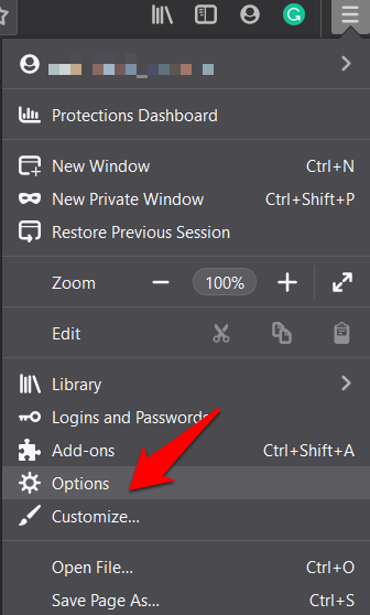 Firefox Options menu