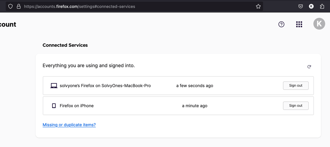 Firefox accounts connected services and manage devices