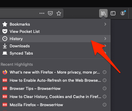 Firefox History Menu under Library icon