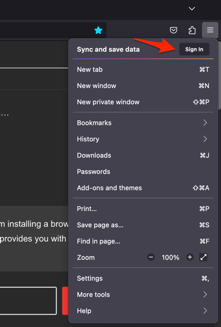 Firefox Sign in button on menu to Sync and Save Data