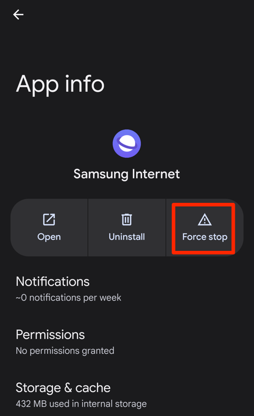 Force Stop Samsung Internet app on Android Phone Settings