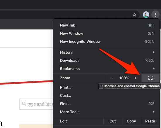 Full Screen option menu on Chrome MacOS computer