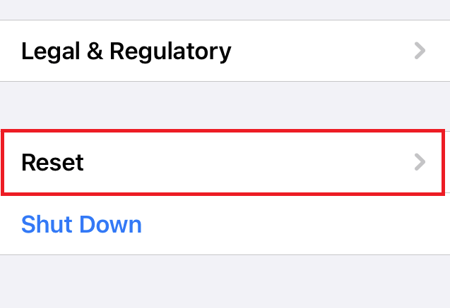 General Settings Reset Tab in iPhone