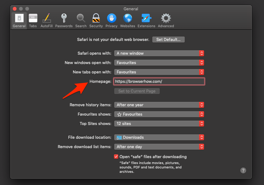 General Settings Homepage URL in Safari