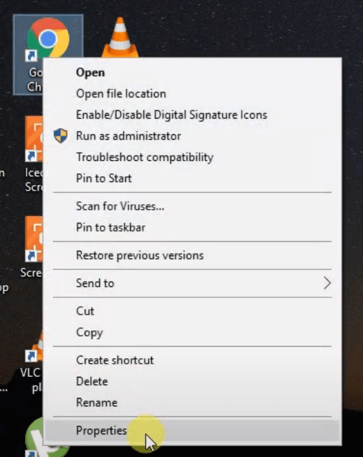 Google Chrome Properties in Windows OS