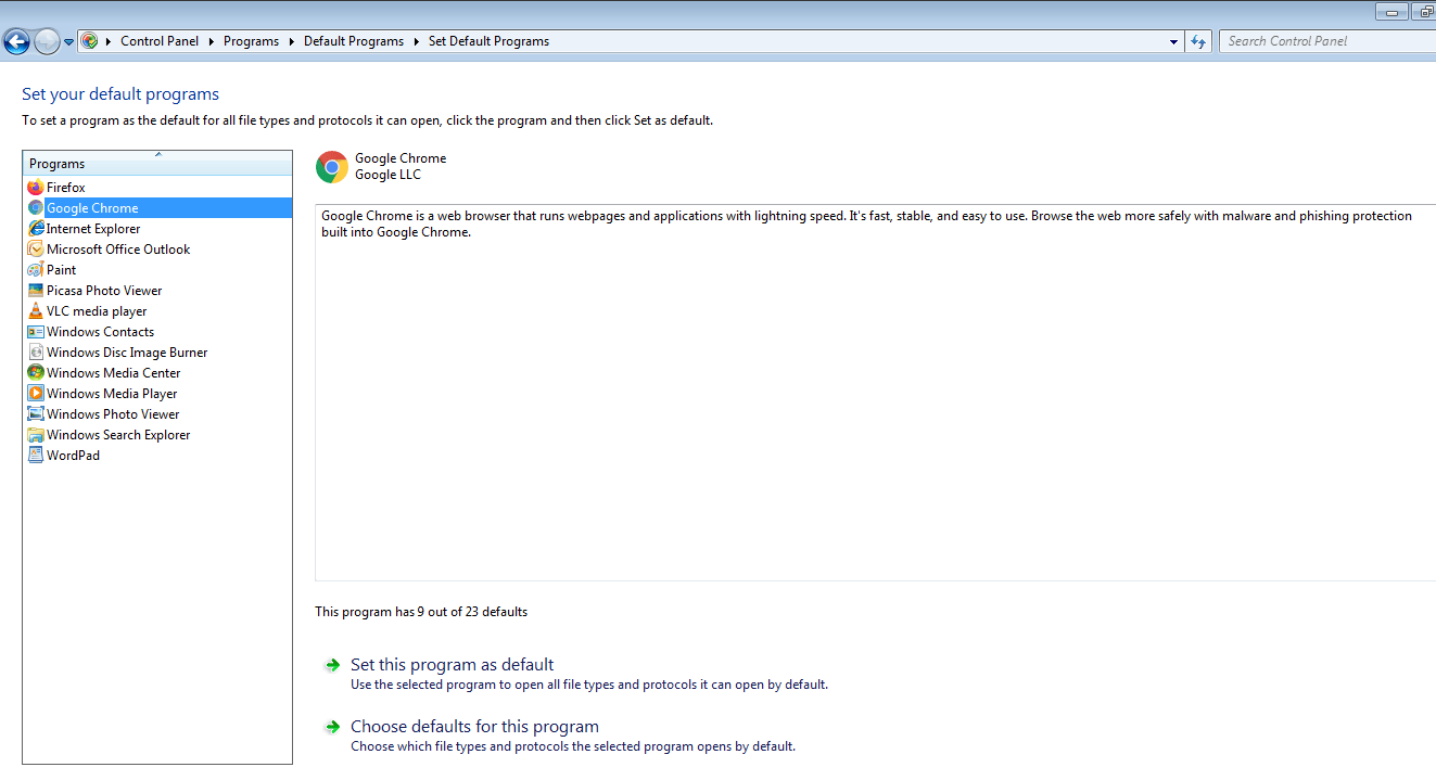 Google Chrome Set as Default Program in Windows 7