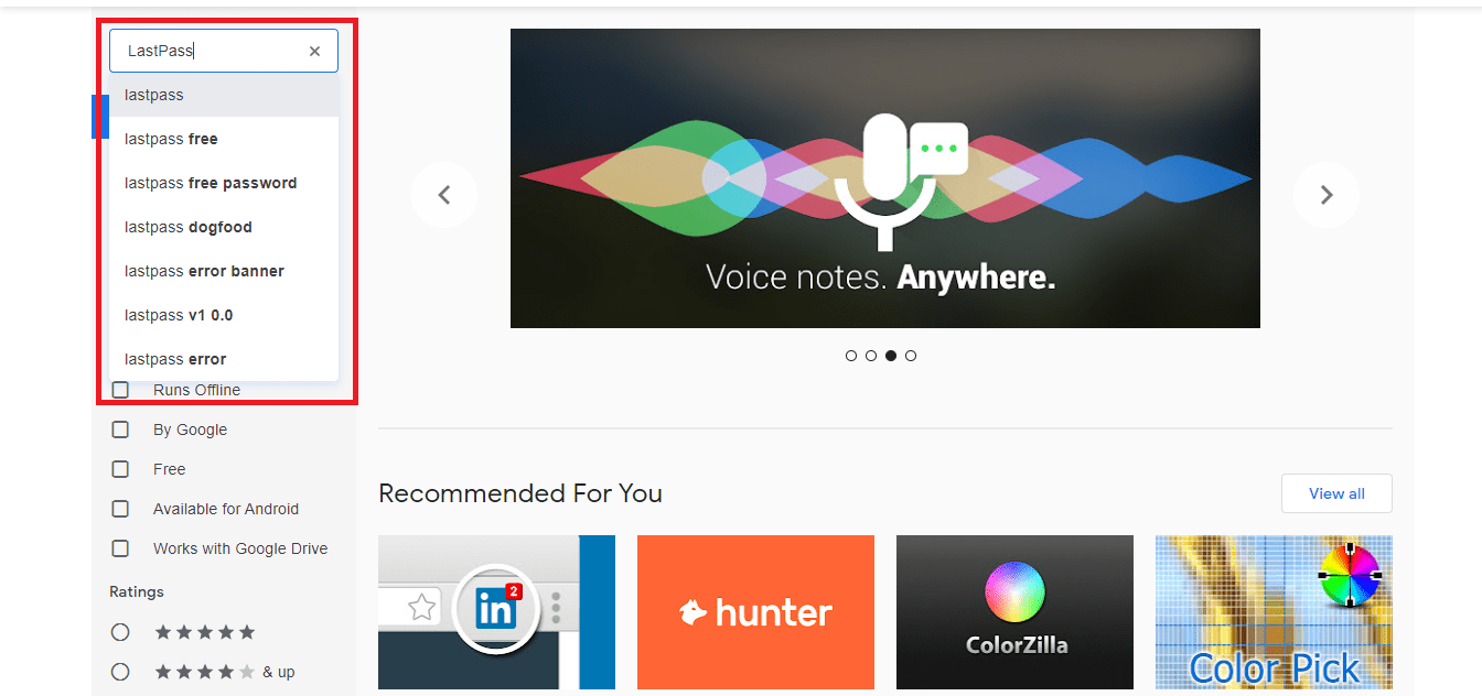 Google Chrome Web Store Searching for LastPass