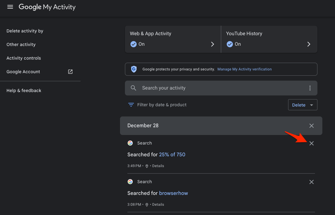 Google - My Activity page