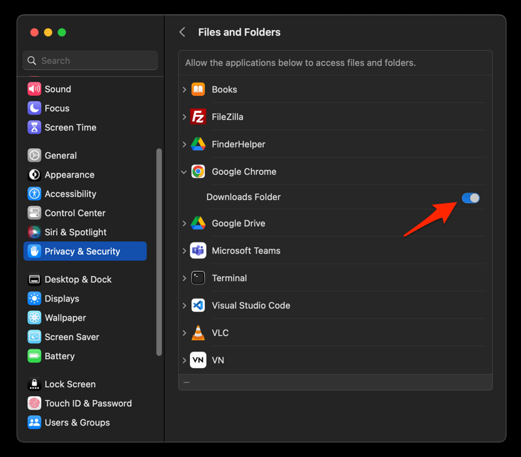 Google Chrome Downloads Folder access enabled for Files and Folders
