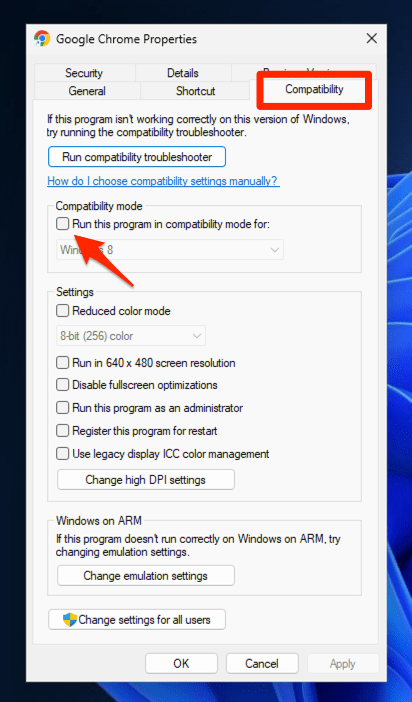Google Chrome Properties with Compatibility tab and Disabled Compatibility Mode