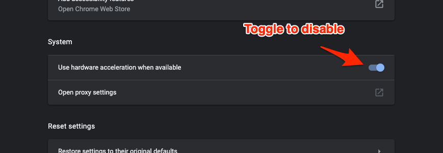 Google Chrome system Settings Use Hardware acceleration