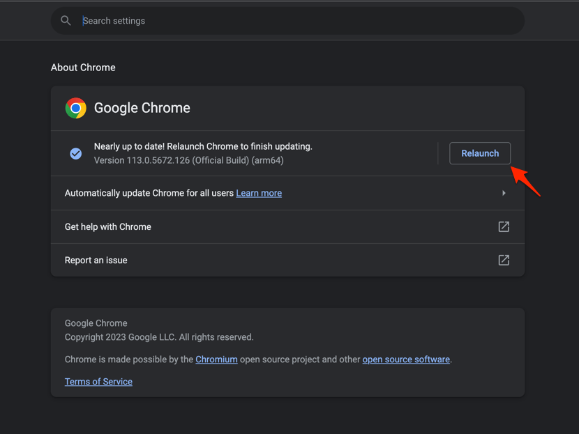 Google Chrome Update to Latest Version with Relaunch button on computer