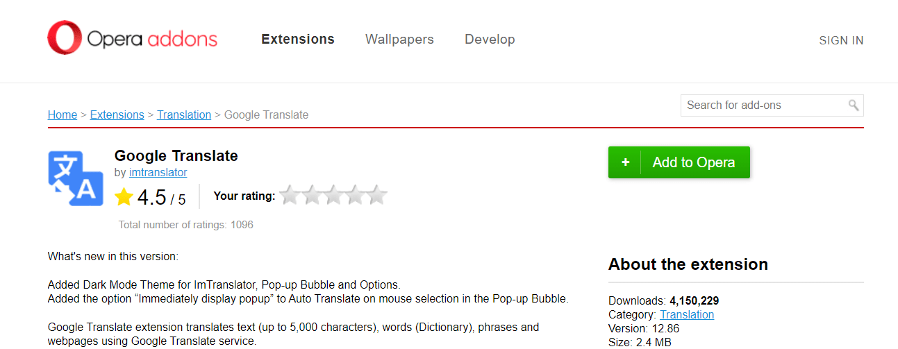 Google Translate Add-on on Opera Browser