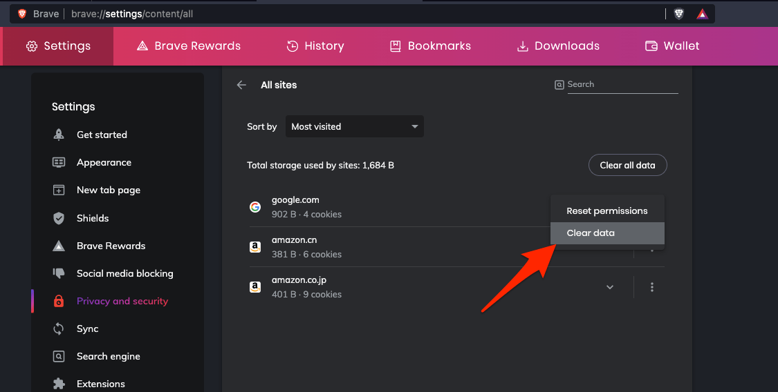Hard refresh and Clear data for selected site on Brave browser
