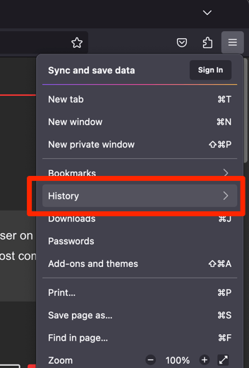 History menu in Firefox browser on computer