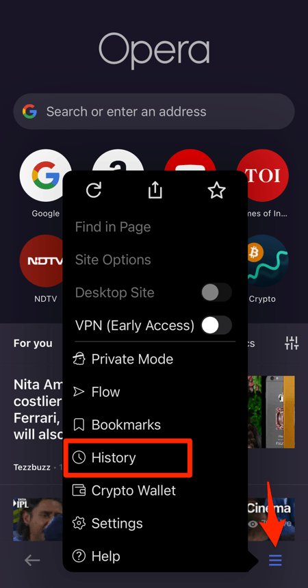 History menu on Opera app for iPhone