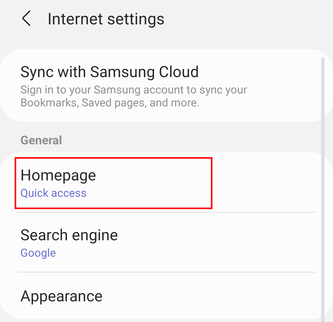 Homepage Settings in Samsung Internet