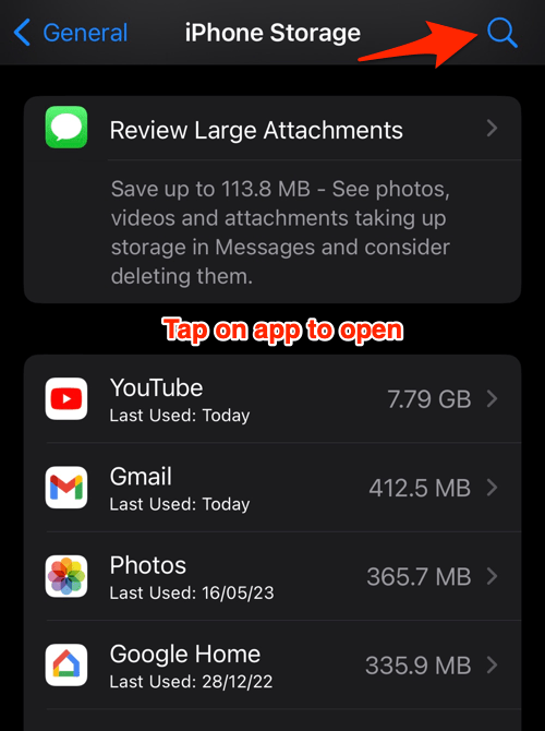iPhone Storage page with app storage information