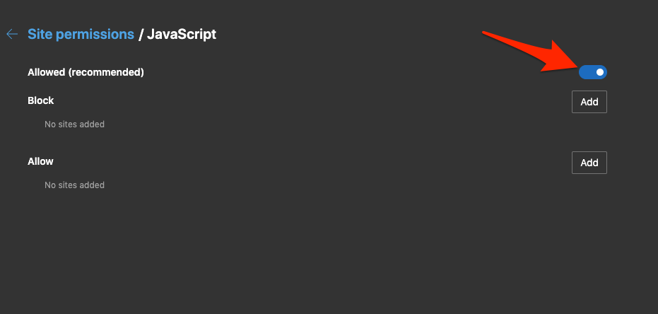 JavaScript Allowed on Edge Browser for All Websites on Computer