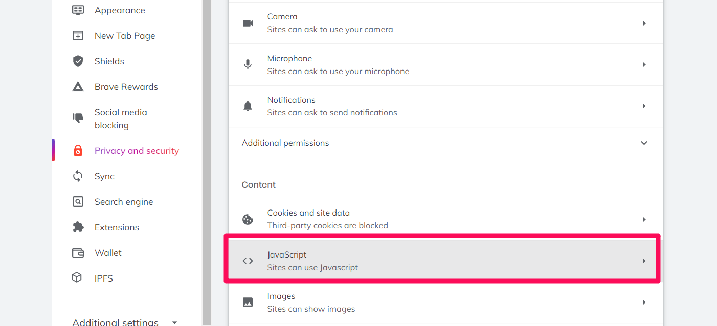 JavaScript tab in Brave Privacy and Security Settings page