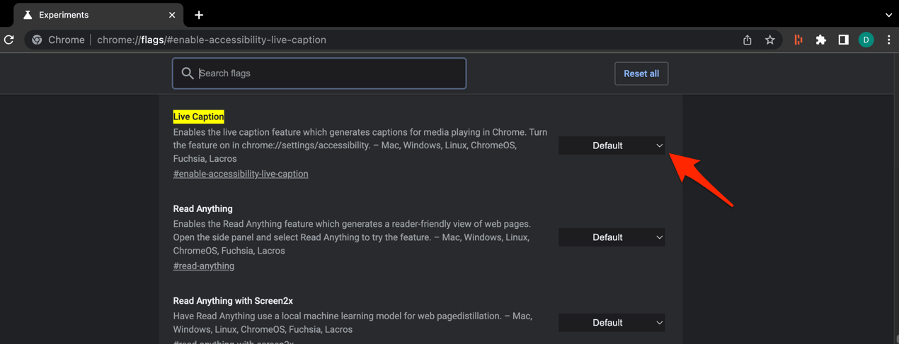 Live Caption Chrome Flag Experiment