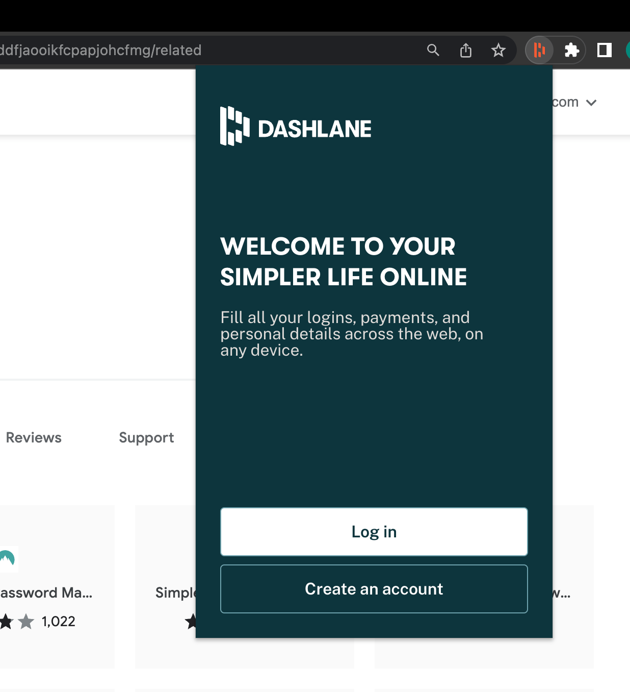 Login or Create an account for Dashlane login in Chrome extension