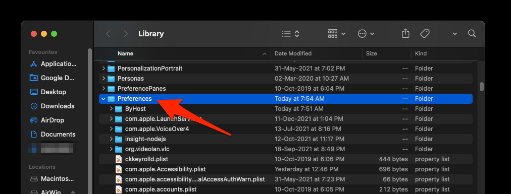 Mac Finder Library with Preferences folder