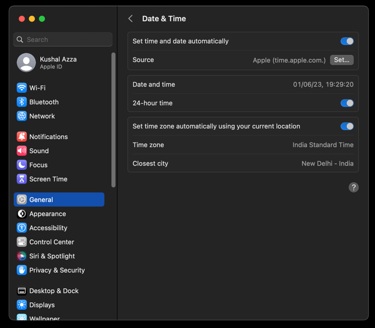 macOS Date & Time Settings page